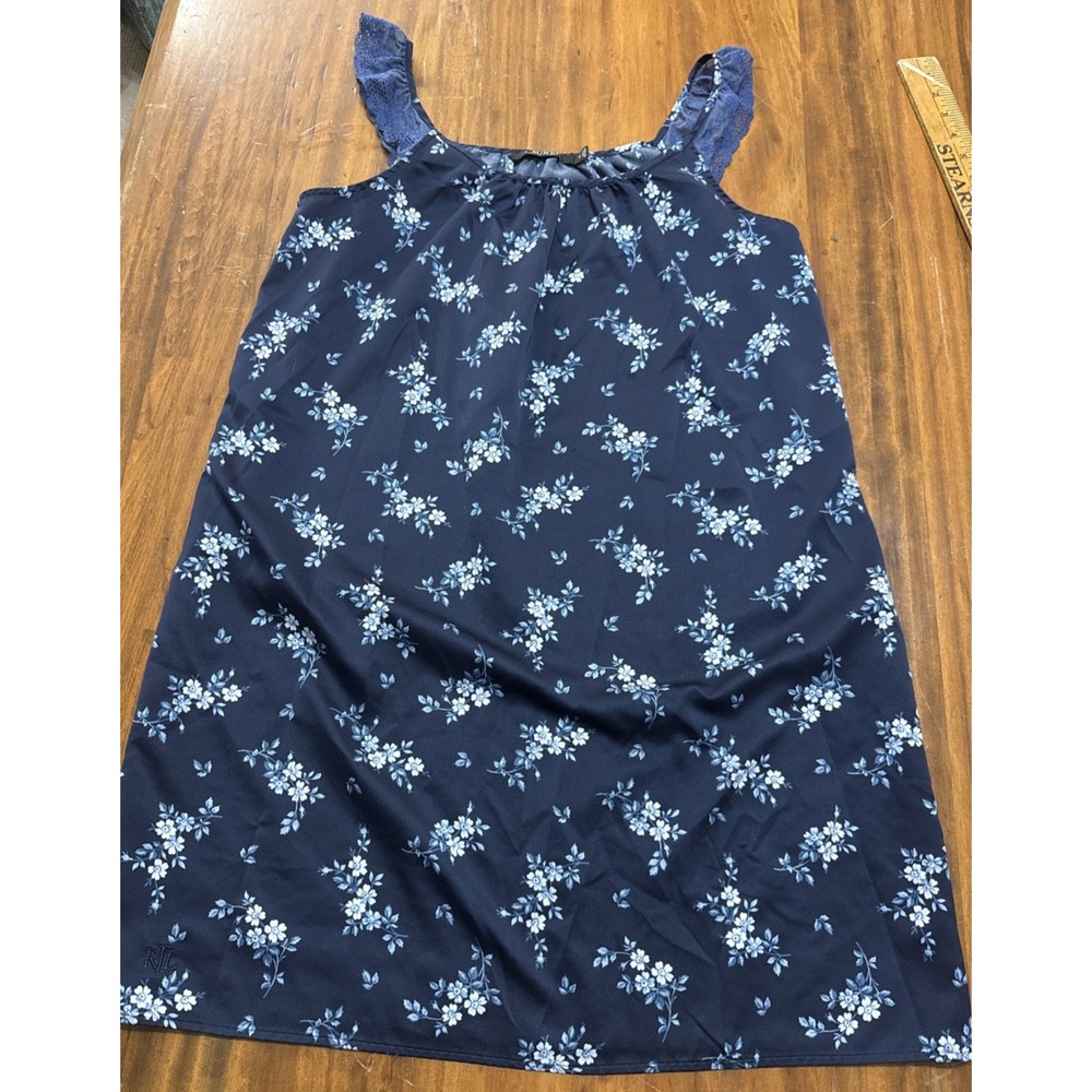 Lauren Ralph Lauren LRL Blue Floral Silky Satin Nightie Chemise Lace Size Small